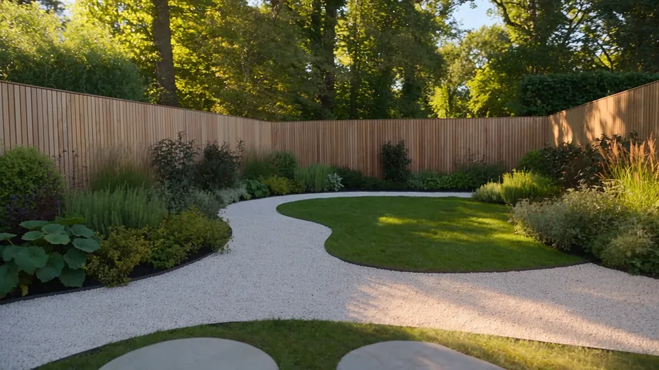 Curved gravel path and planted borders