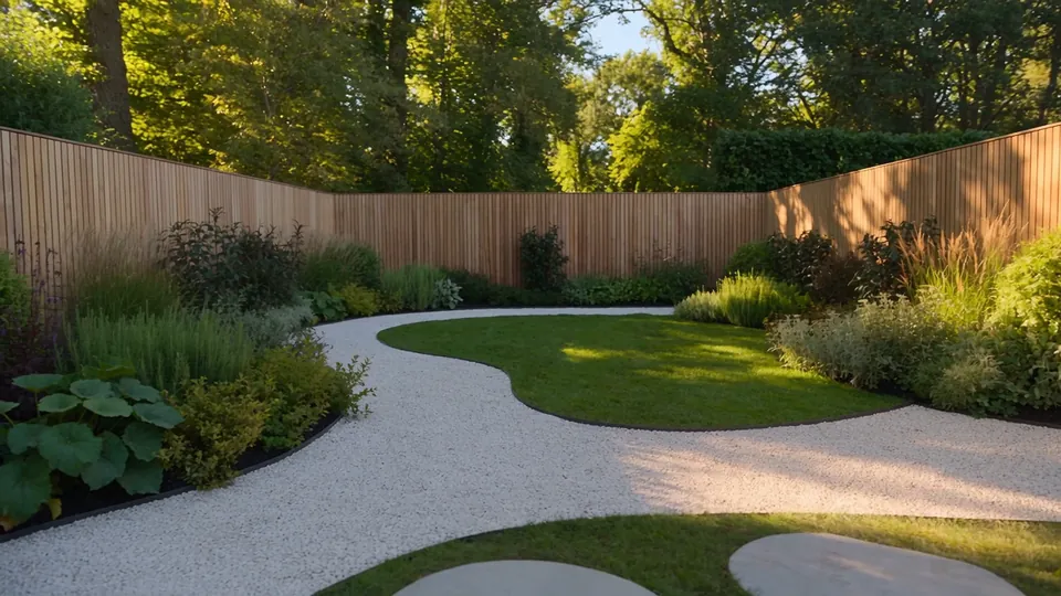 New timber fence behind planted borders and a gravel path