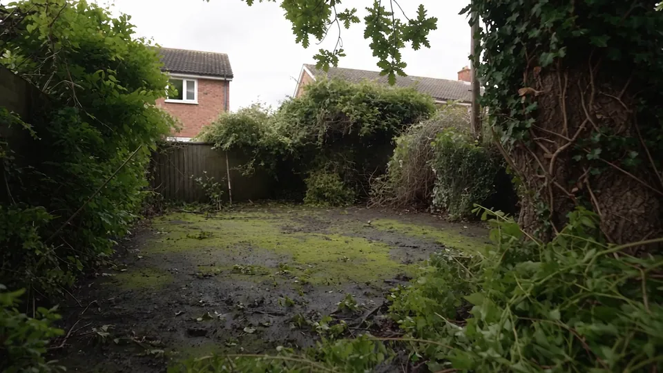 Overgrown garden to striped lawn: before